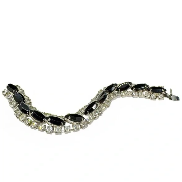 Vintage Domed Black Glass Marquis & Clear Rhinestone Bracelet - Picture 3 of 10